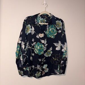 Zara Navy Button-Down Shirt with Teal and White Floral Print